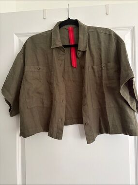 Left On Friday Olive Cropped Linen Shirt